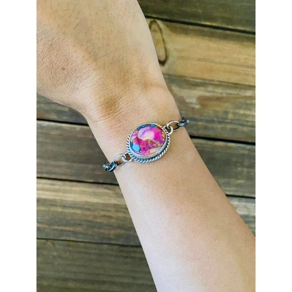 Navajo Pink Dream Mohave & Sterling Silver Link Bracelet - Picture 6 of 7